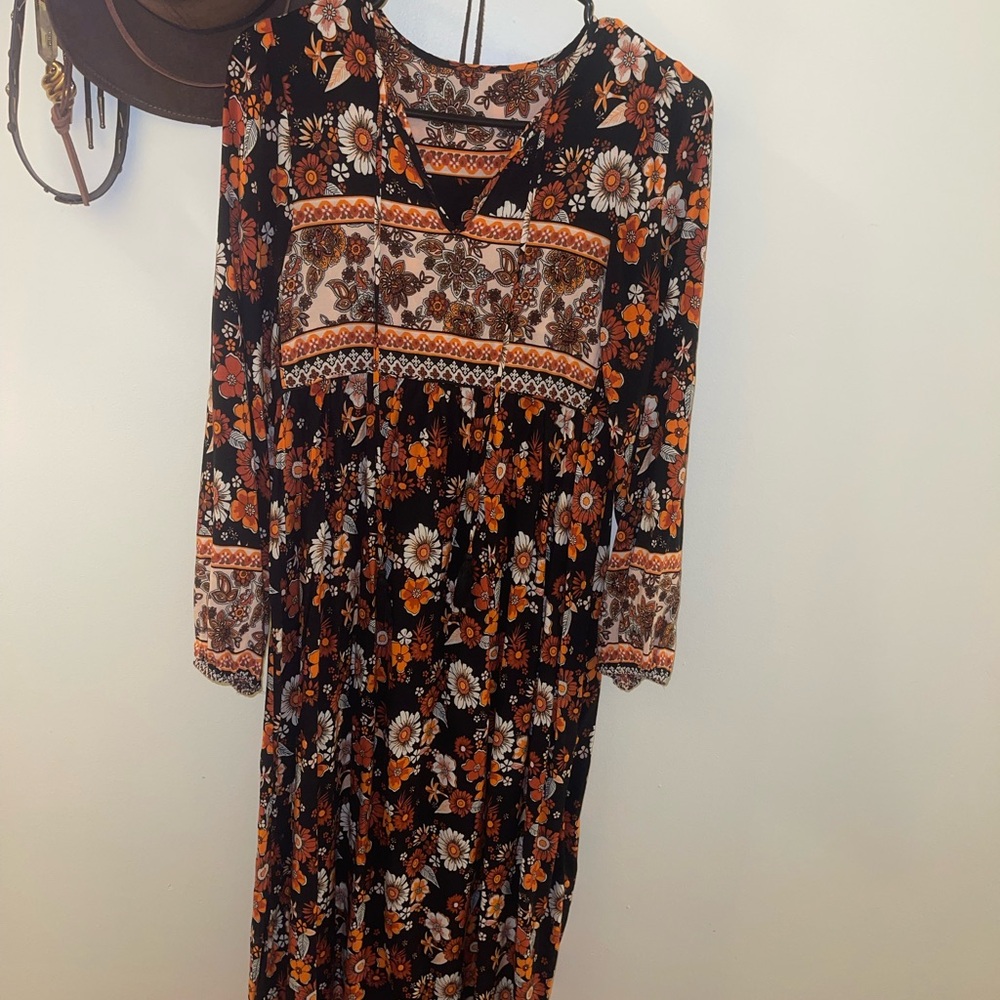 Floral Black and Orange midi Women's Dress